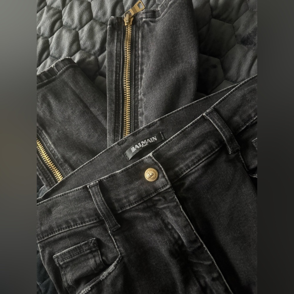 BALMAIN Women’s Biker Jeans Black Moto Denim Size 38 Ribbed Knees Ankle Zips